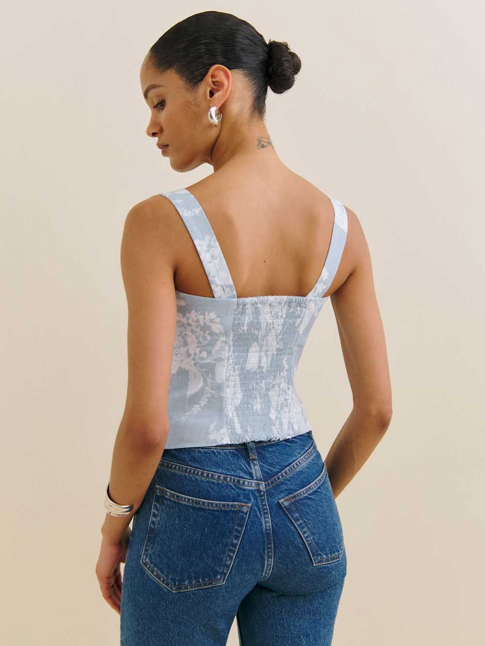 Reformation Darci Linen Square Neck Cropped Tank Top Floral Toile Light Blue 12 - Picture 14 of 14